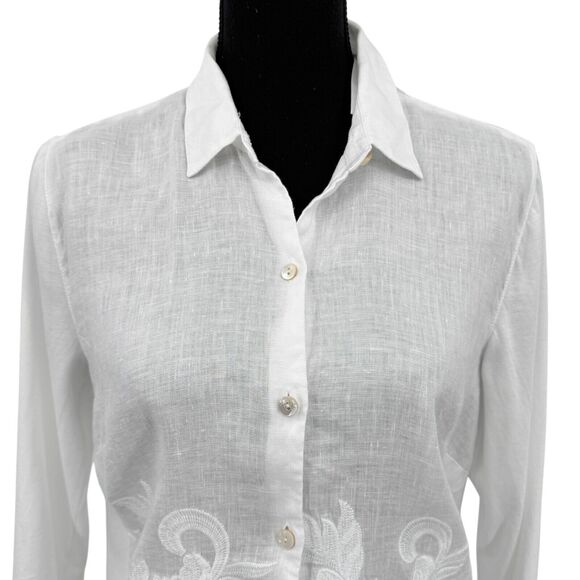 New J. Jill White Floral Embroidered Linen Button Front Long Sleeve Shirt Small - Picture 6 of 10